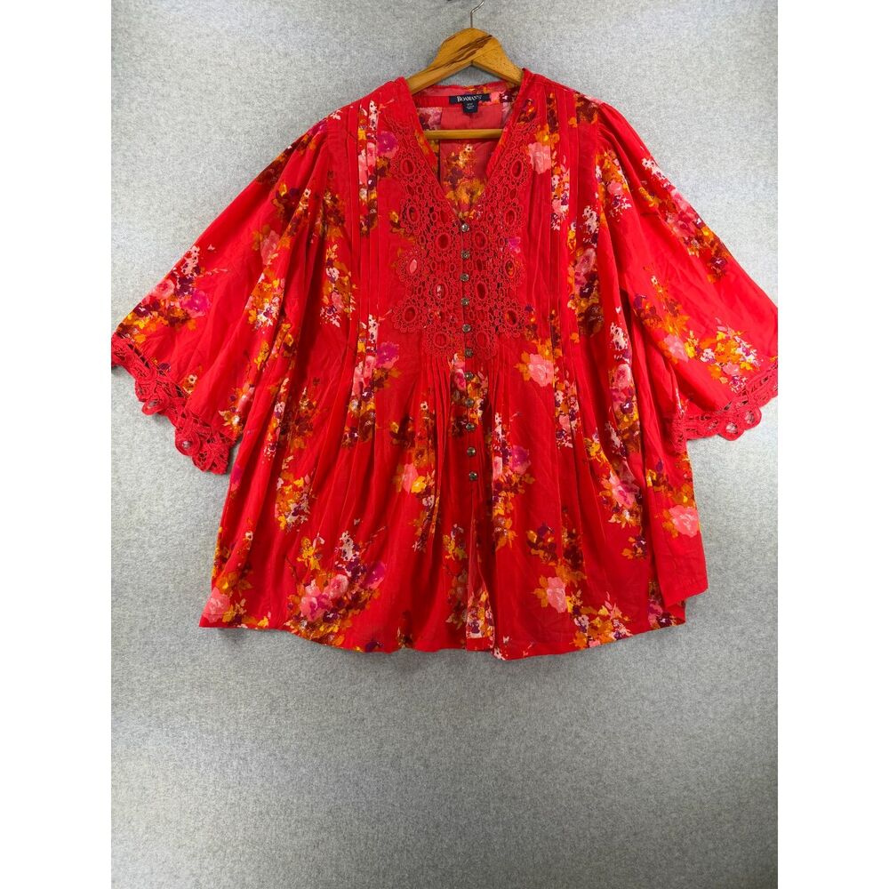 Roaman’s 20W Red Floral Lace Crochet Button Front Tunic Blouse Plus Size 3492
